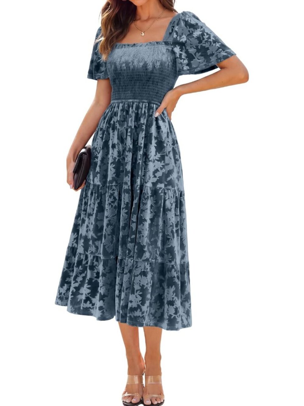Women's Grey Blue Square Neck Short Sleeve Formal Wedding Velvet Maxi Dresses